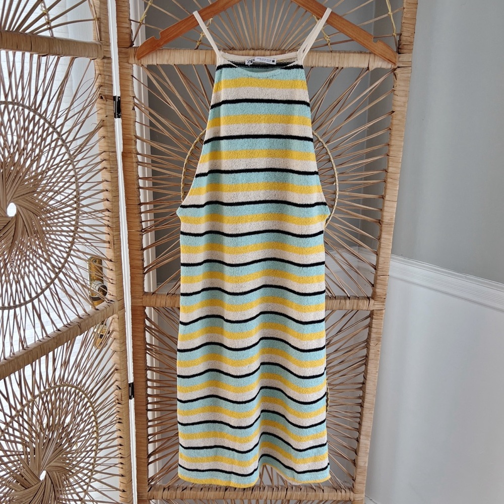 💛 ZARA Knit Woven Mini Dress Striped size M NEW
